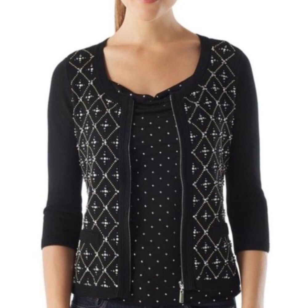 WHBM Black Beaded Zip-Up Sweater Cardigan S #7